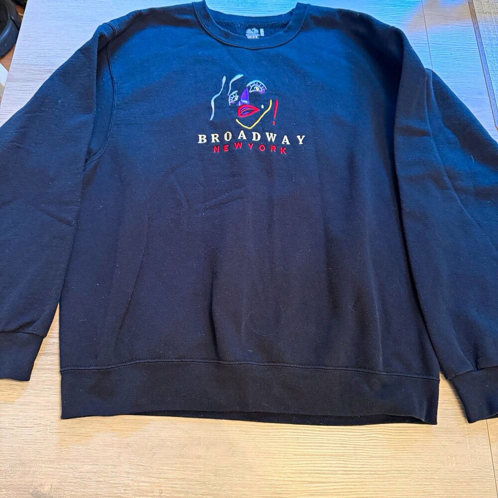 Vintage Broadway New York Sweatshirt L Embroidered Face Fruit of Loom